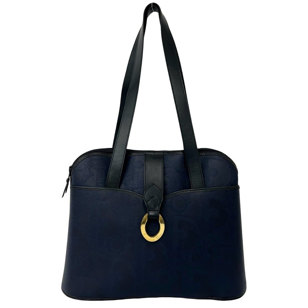 Christian Dior Trotter Pattern Logo Hardware Leather Tote Bag Shoulder Navy 3...